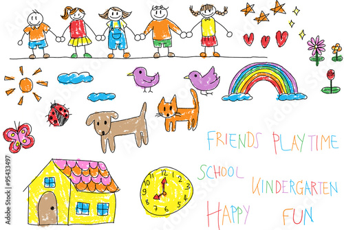 Kindergarten children doodle crayon drawing of a friend and kid environment such as animal pet house flower rainbow in happy cartoon character icon in isolated background with handwriting (vector)