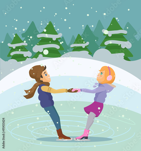 Young couple boy and girl at ice skating. Vector flat illustration
