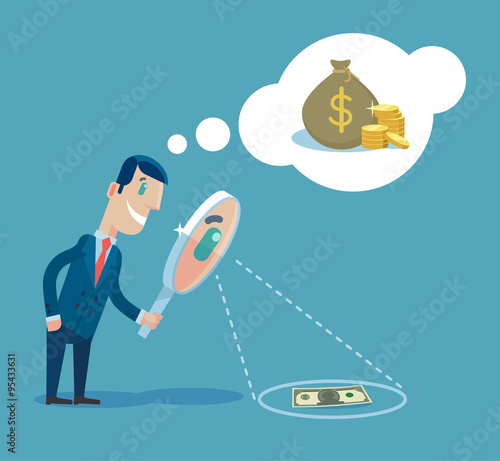 Businessman with magnifying glass looking for money. Vector flat illustration