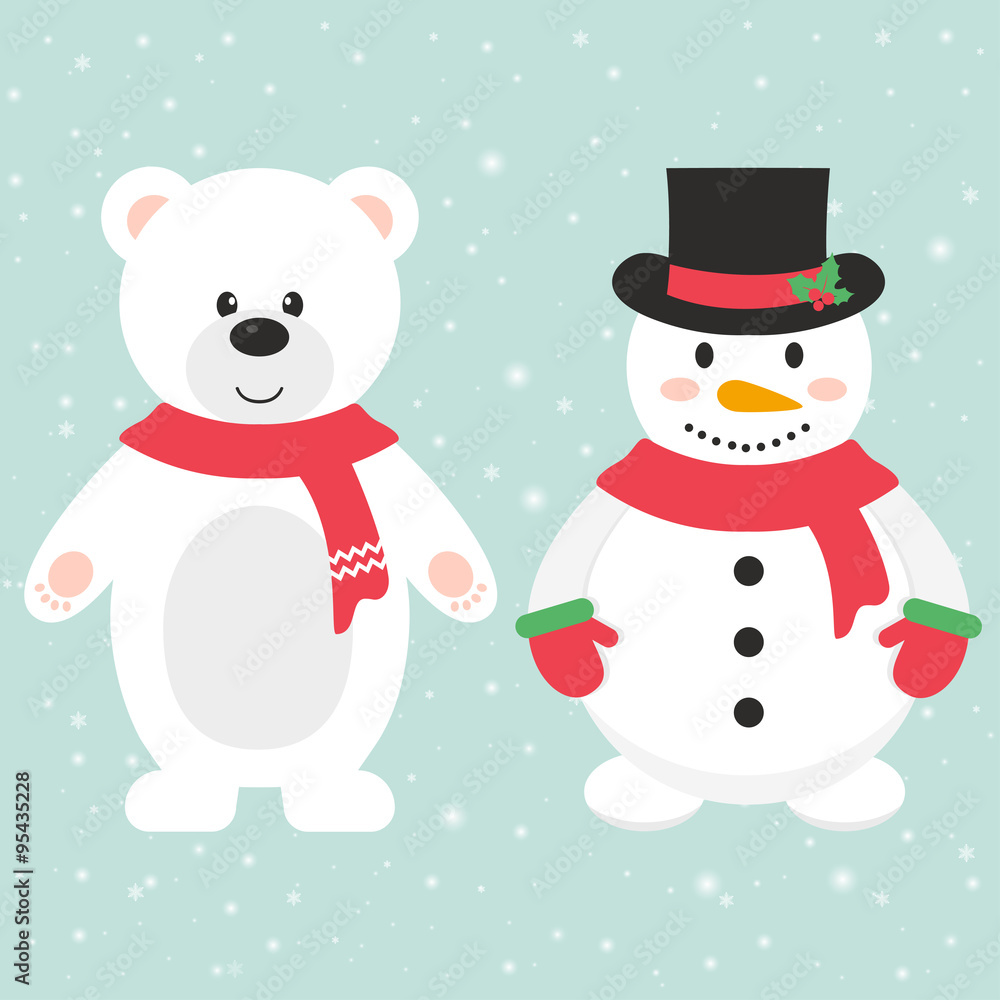 winter bear and snowman with scarf