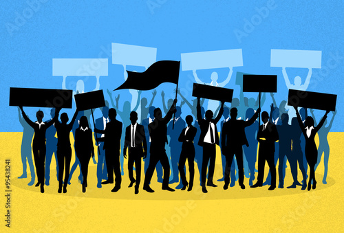 Protest People Crowd Silhouette Over Ukraine National Flag