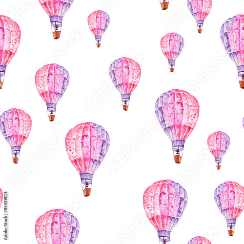 Seamless pattern with flying mauve (pink and violet) balloons painted in watercolor on a white background © nastyasklyarova