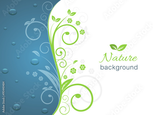Nature illustration with spiral swirly pattern, water drops and space for your text.