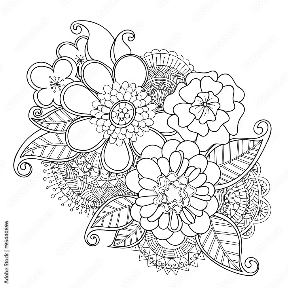 Doodle art flowers. Zentangle style floral pattern. Hand-drawn herbal ...