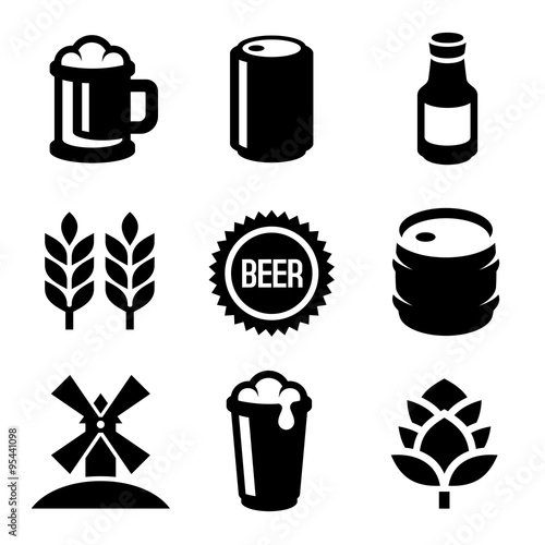 Beer Icons Set on White Background. Vector