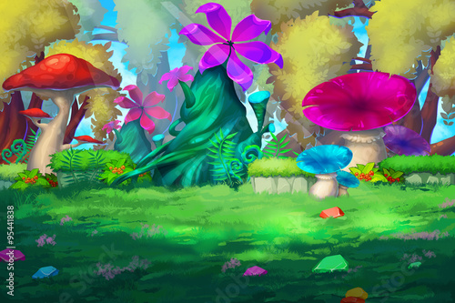 Illustration: The Colorful Forest with Huge Flowers. Mushroom, Flower, Gems on the Grass. Realistic Fantastic Cartoon Style Scene / Wallpaper / Background Design.