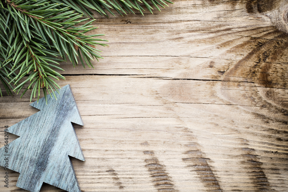 Wood texture with ornament and firtree. - obrazy, fototapety, plakaty 