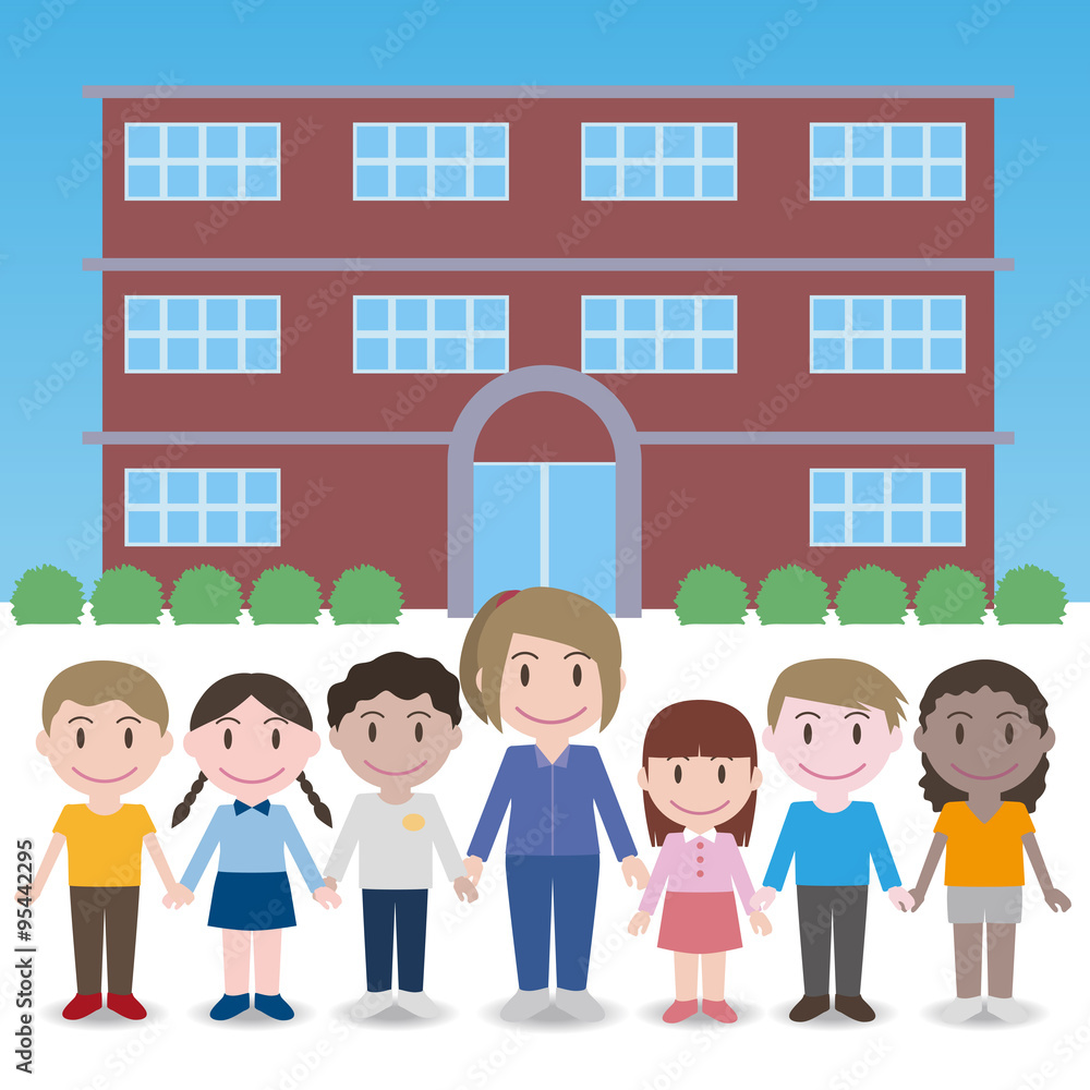 teacher and children lined up in front of the school building