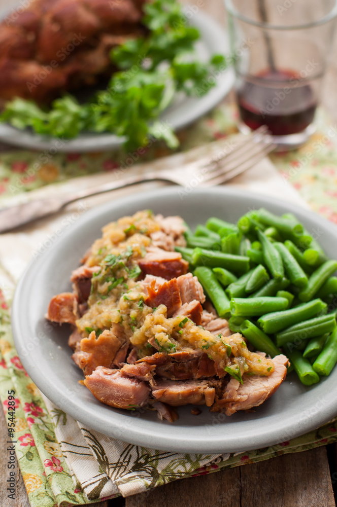 Fototapeta premium Slow Cooked Pork with Apple Sauce and Green Beans
