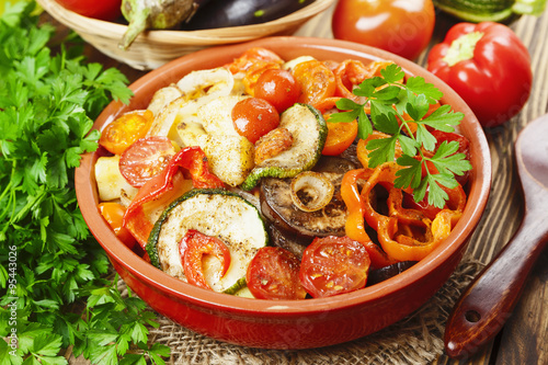 Roasted vegetables in a ceramic pot