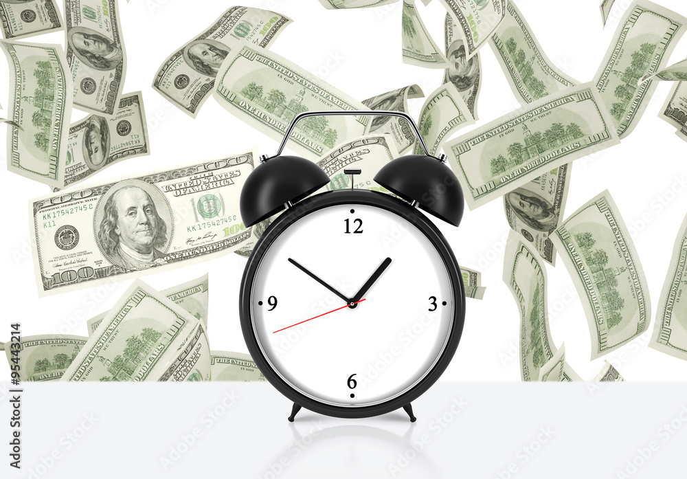 An alarm clock is on the table. Falling dollar notes on background. The concept of 'time is money' and a time management. An alarm clock is on the table. Falling dollar notes on background. The concept of 'time is money' and a time management.