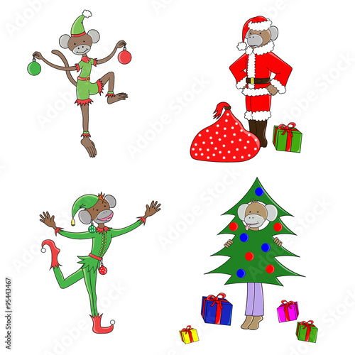 Funny cartoon monkey. Santa Claus, elves and a gift. Postcard happy New year. Symbol 2016. Merry Christmas