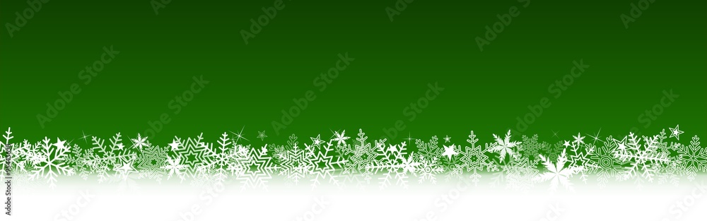 Bannière verte Noël, flocons de neige, étoiles