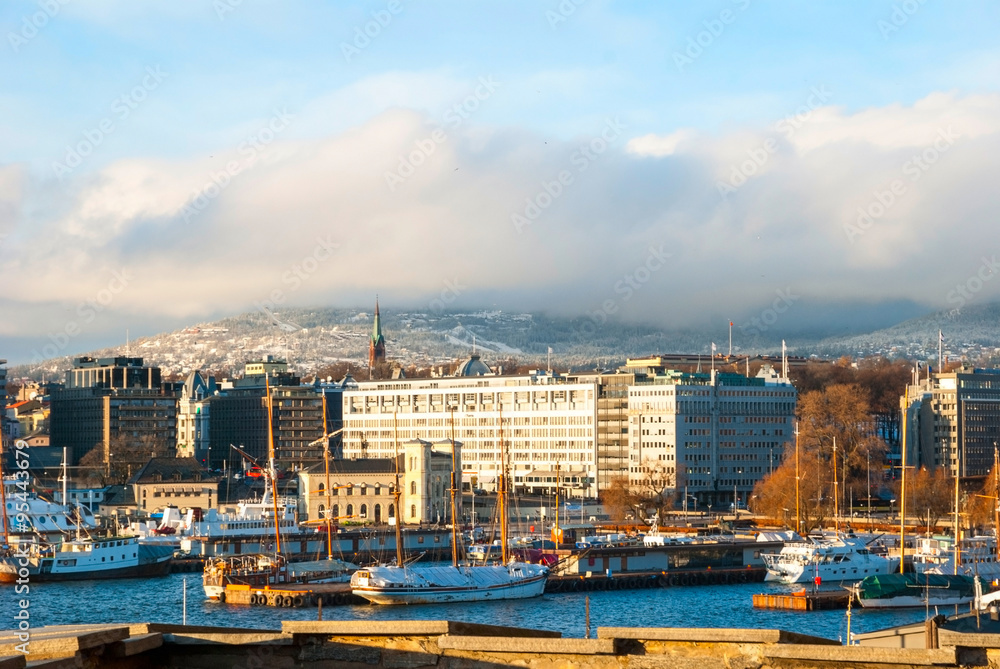 Oslo skyline with port in winter, Norway