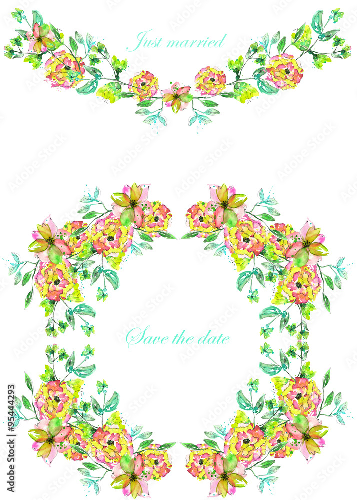 Circle frame, wreath and garland of yellow and pink flowers and branches with the blue and green leaves painted in watercolor on a white background, greeting card, decoration postcard or invitation Circle frame, wreath and garland of yellow and pink flowers and branches with the blue and green leaves painted in watercolor on a white background, greeting card, decoration postcard or invitation