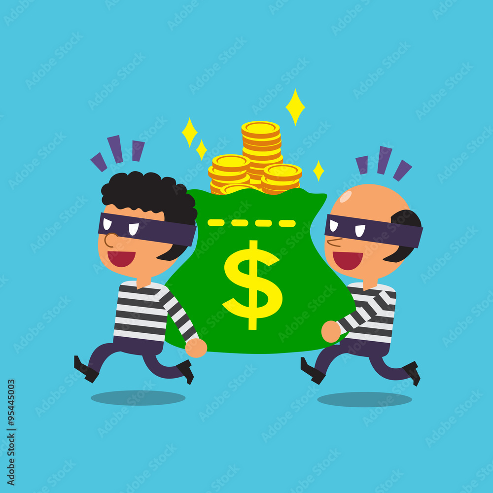 Cartoon thieves stealing big money bag Cartoon thieves stealing big money bag