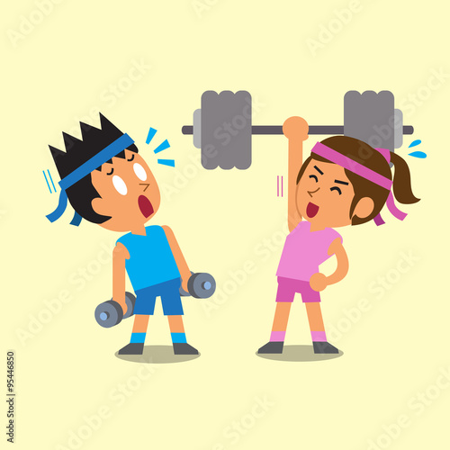 Cartoon man and woman doing weight training