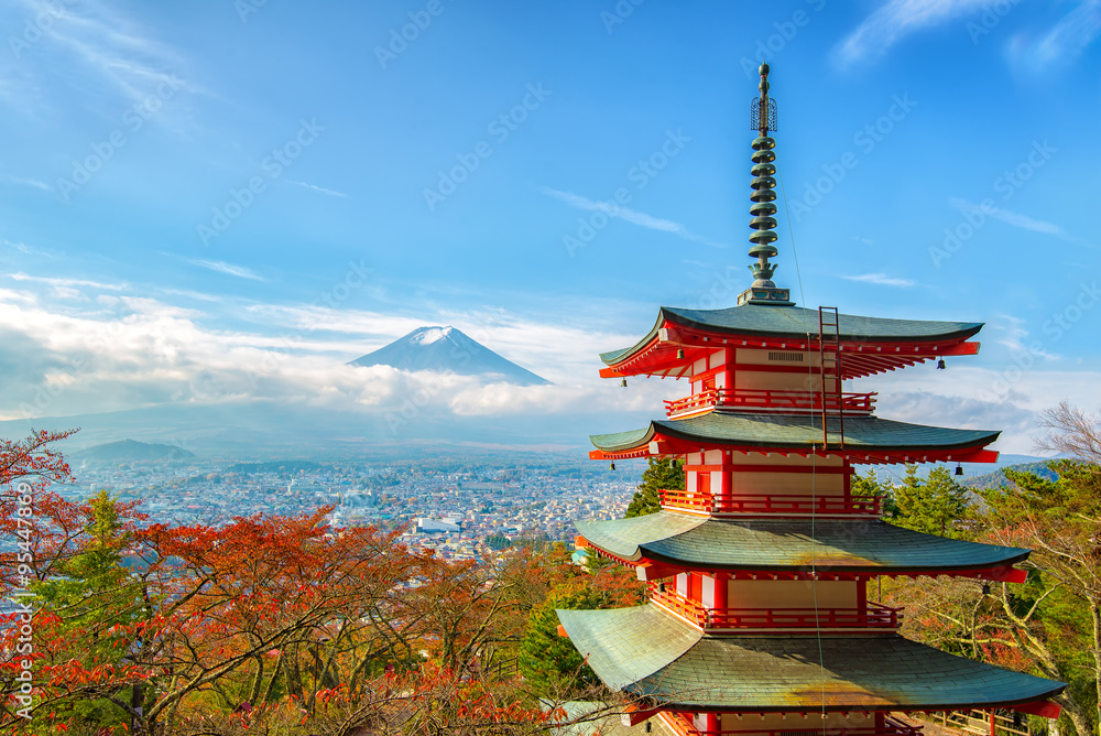 Mt. Fuji viewed from behind Chureito Pagoda with fall colors in japan. Mt. Fuji viewed from behind Chureito Pagoda with fall colors in japan.