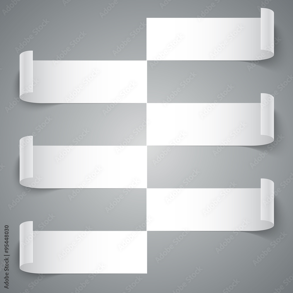 Infographics 6 options curled white paper stripe banners with realistic shadows and on grey background Infographics 6 options curled white paper stripe banners with realistic shadows and on grey background