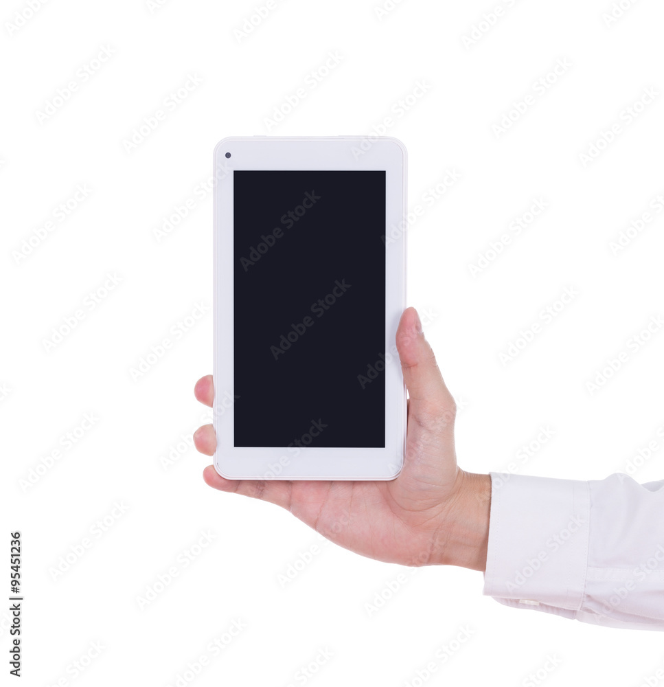 hand with small tablet computer blank screen