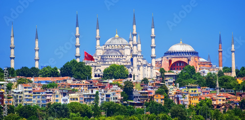 Panoramic view of Istanbul with minarets of Blue Mosque and Hagia Sophia cathedral, Turkey