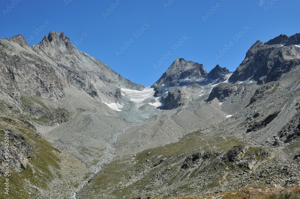 The Haute Route with the Bertol Refuge on the ridge, in the Swiss Alps