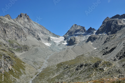 The Haute Route with the Bertol Refuge on the ridge, in the Swiss Alps