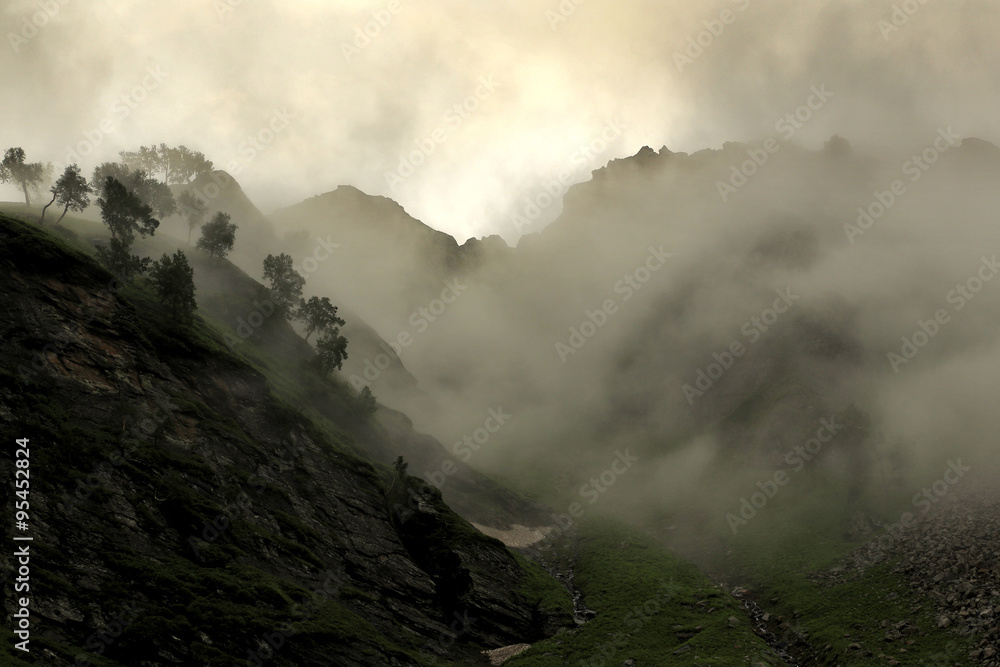Rock mountain with mist at Northern India.