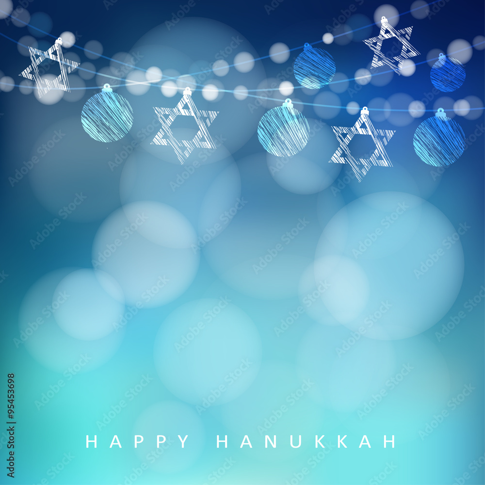 Naklejka premium Jewish holiday Hannukah greeting card with garland of lights and jewish stars, vector