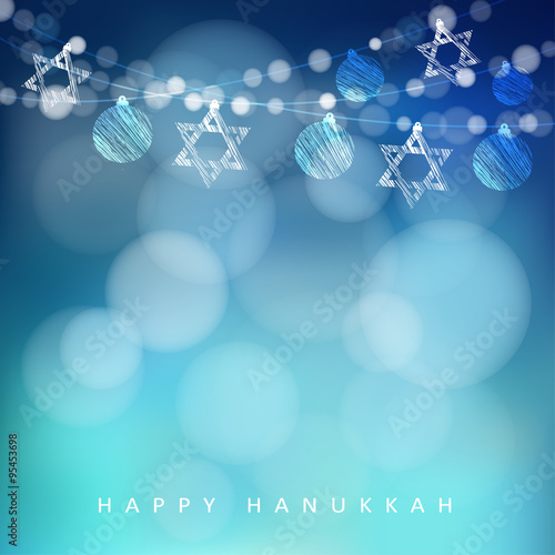 Jewish holiday Hannukah greeting card with garland of lights and jewish stars, vector