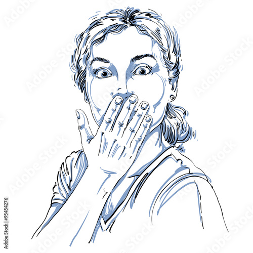 Monochrome vector hand-drawn image, shocked young woman. Black a