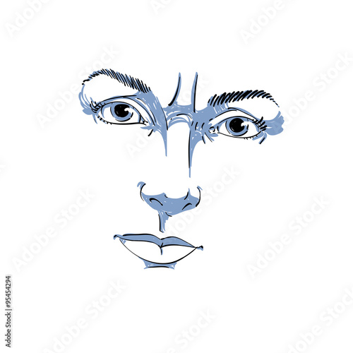 Monochrome hand-drawn portrait of white-skin doubtful woman, fac