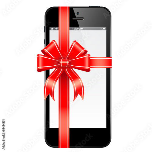 Realistic mobile phone a gift for the holiday with red bow 