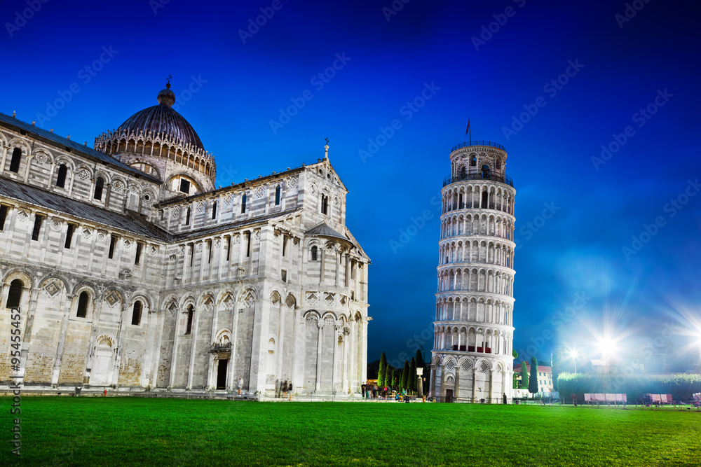 Pisa Cathedral with the Leaning Tower of Pisa, Tuscany, Italy at night