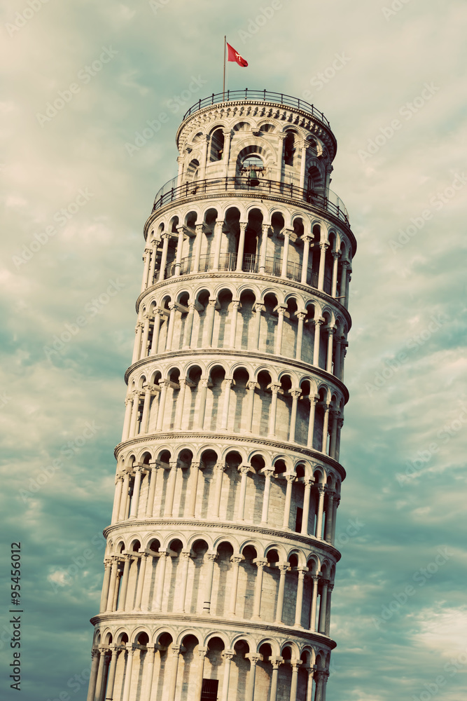 The Leaning Tower of Pisa, Tuscany, Italy. Vintage, retro.