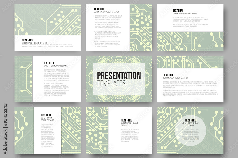 Set of 9 templates for presentation slides. Microchip backgrounds, electrical circuits backdrops. Business patterns, science vector design