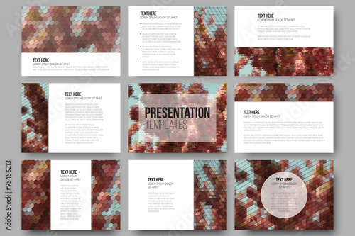 Set of 9 templates for presentation slides. Purple flowers. Abstract multicolored backgrounds. Natural geometrical patterns. Triangular and hexagonal style