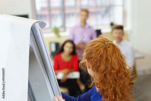 frau präsentiert ideen am flipchart vor ihren kollegen