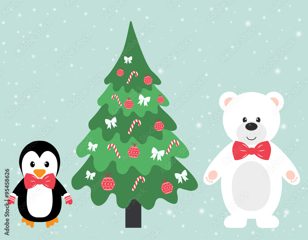 winter bear and penguin and fir-tree