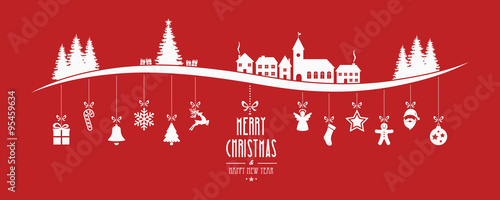 winter landscape christmas ornament hanging red background