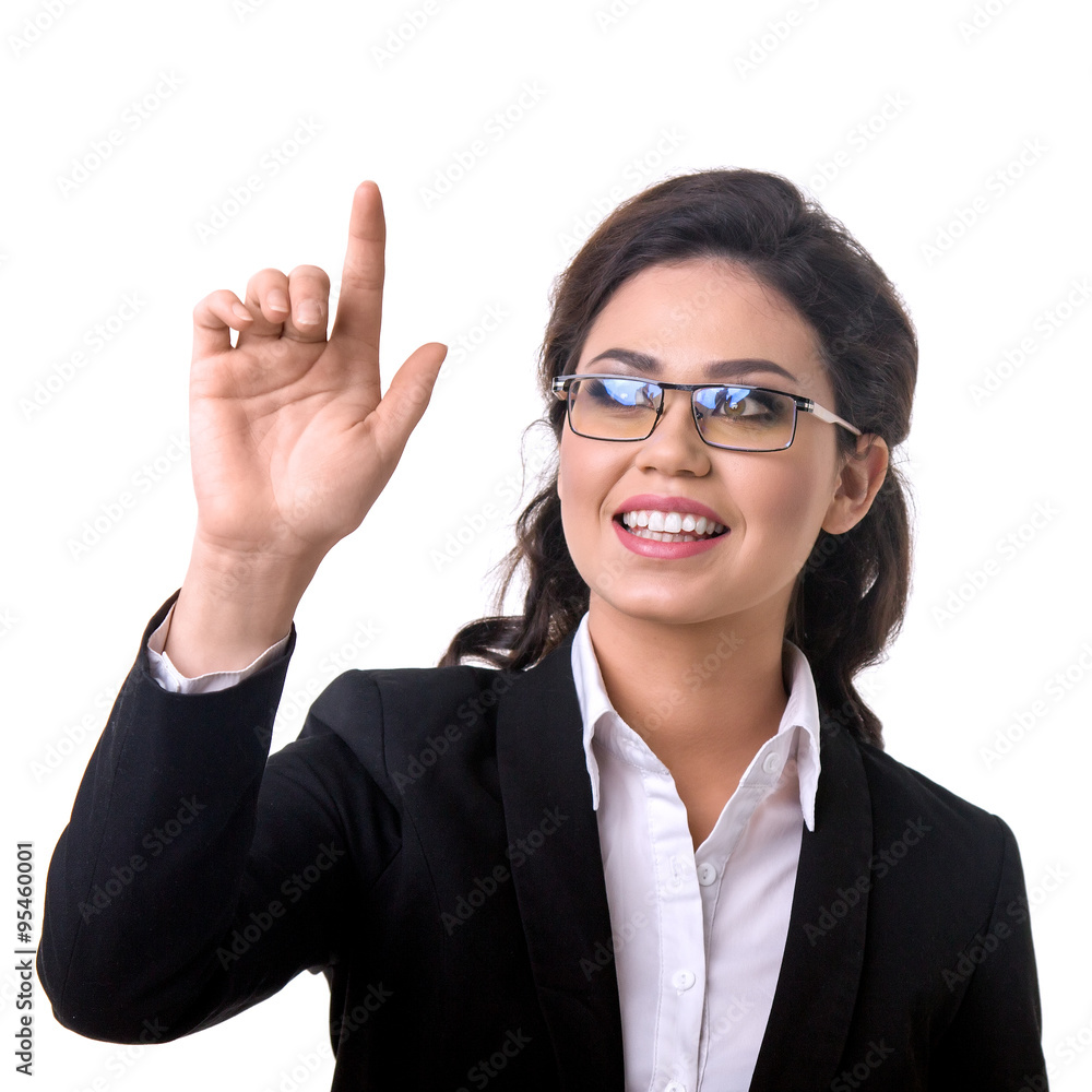 business woman presses a touchscreen business woman presses a touchscreen