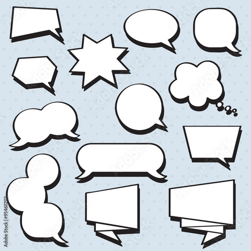 Vector speech bubbles set in black and white colors with shadows on the grey background with dots. Perfect for comics pictures!