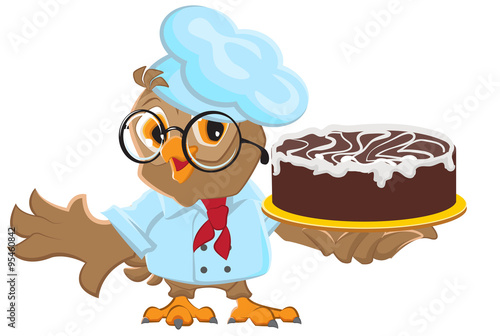 Schilderij op canvas Owl Chef holding cake