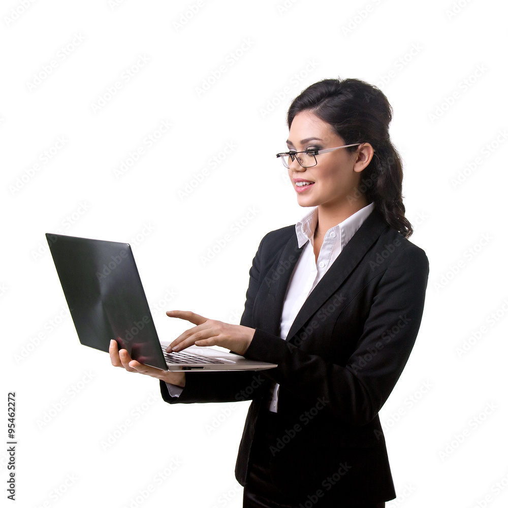 the business woman holds the laptop in hand the business woman holds the laptop in hand