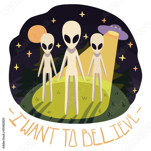 I want to believe vector poster (background) with aliens on the hill and UFO in the night with full moon and stars (cartoon style)