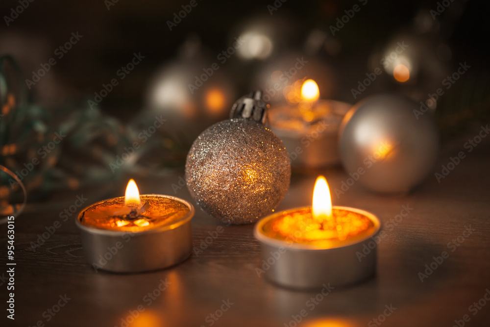 Close up of beautiful christmas decoration, golden and red baubles on bokeh background Close up of beautiful christmas decoration, golden and red baubles on bokeh background