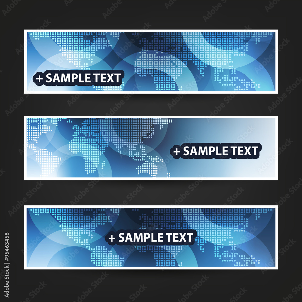 Set of Horizontal Banner Background Designs / Ad Banner Templates - Colors: Blue and White With Dotted World Map Set of Horizontal Banner Background Designs / Ad Banner Templates - Colors: Blue and White With Dotted World Map