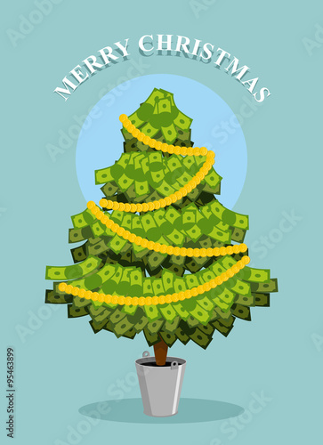Merry Christmas. MoneyTree. Greeting card with financial well- b