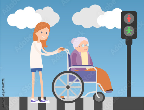 Kind girl helps old lady on wheelchair. 