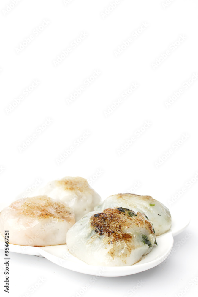 steamed chives dumplings isolated on white background (can stuffed with garlic chives or taro or yam bean mixed with small shrimp)